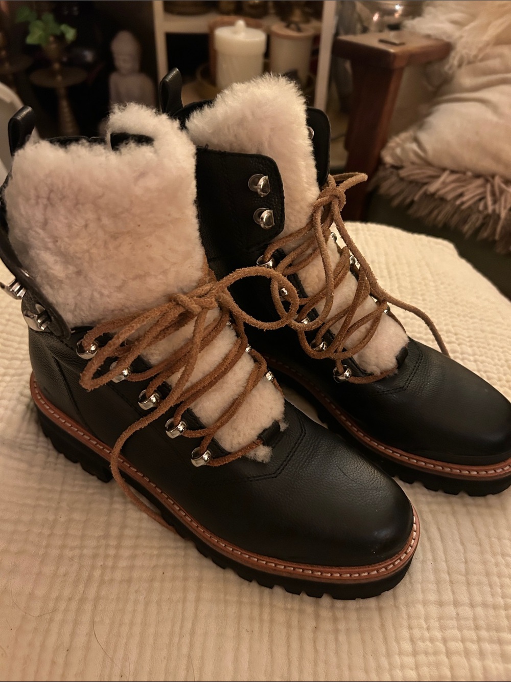 Marc Fisher Black Leather Lace-Up Winter Boots with Cream Faux-Shearling